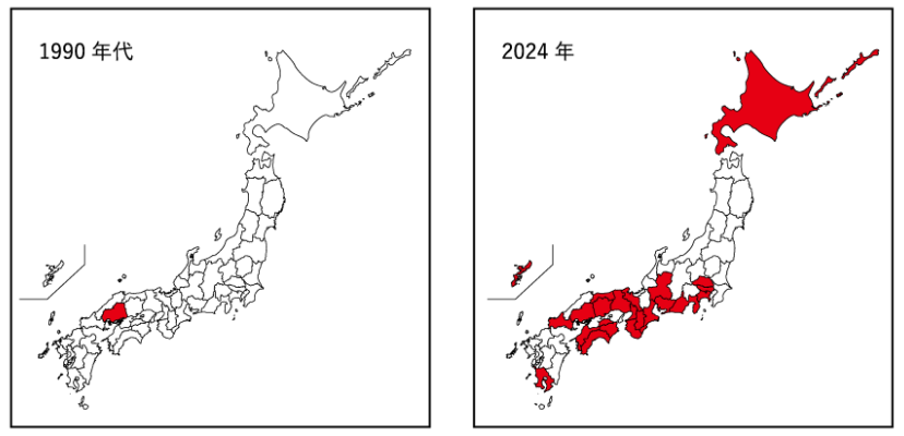 図1 アルゼンチンアリの分布（1990年代／2024年）